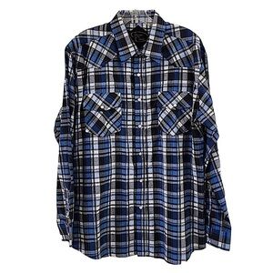 Canyon Creek Blue Black and White Plaid Pearl Snap Shirt Size Large